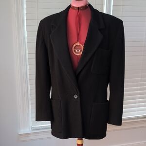 Vintage 80s Black Cashmere & Wool Blend Long Jacket Quiet Luxury Boxy Blazer